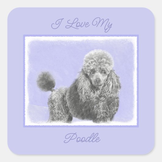 Poodle Miniature Speelgoed Silver Grey Dog Art Squ Vierkante Sticker (Voorkant)