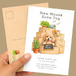 Poodle New House Moving Announcement  Briefkaart<br><div class="desc">Announce your move in a sweet and memorable way with this adorable Poodle moving announcement card featuring a cute curly-haired puppy peeking out from a stack of moving boxes holding a “We’ve Moved” sign. The soft watercolor illustration and cozy moving details make it perfect for dog lovers sharing their exciting...</div>
