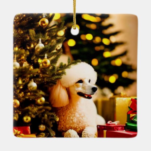 Poodle onder kerstboom keramisch ornament (Achterkant)