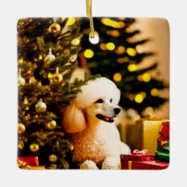 Poodle onder kerstboom keramisch ornament