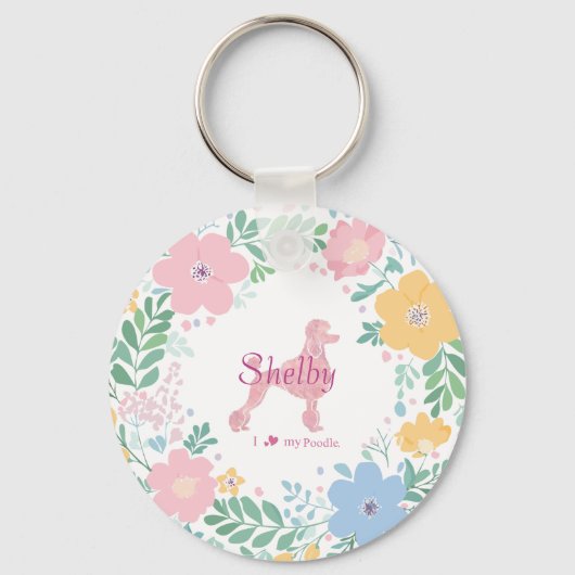 Poodle Pastel Pink Silhouette with Flower Wreath Sleutelhanger (Voorkant)