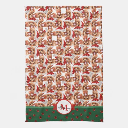 Poodle Patroon Monogram Kerst Hond Theedoek (Verticaal)