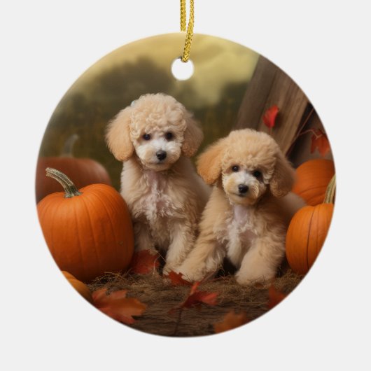 Poodle Puppy Herfstvreugde Pompoen Keramisch Ornament (Voorkant)