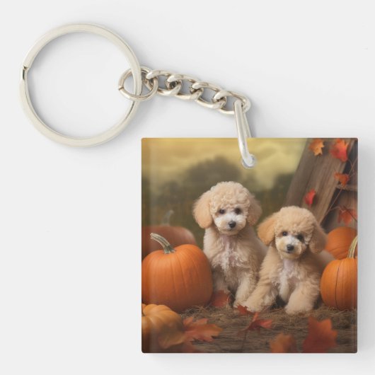 Poodle Puppy Herfstvreugde Pompoen Sleutelhanger (Voorkant)