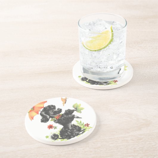 poodle puppy met paraplu zandsteen onderzetter (Zijkant)