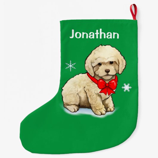 Poodle Puppy Wearing a Kerstmis Bow Grote Kerstsok (Achterkant)