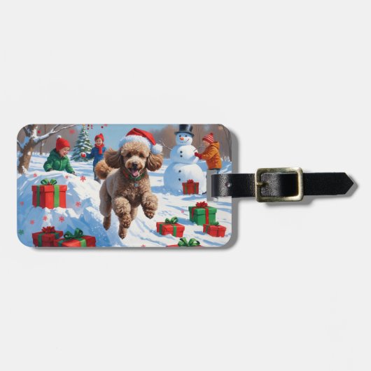 Poodle Rent in de Sneeuw met Kerstmuts Bagagelabel (Voorkant horizontaal)