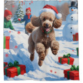 Poodle Rent in de Sneeuw met Kerstmuts Douchegordijn (Voorkant)