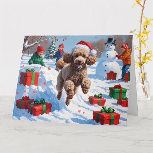 Poodle Rent in de Sneeuw met Kerstmuts Kaart (Gele Bloem)