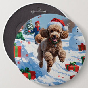 Poodle Rent in de Sneeuw met Kerstmuts Ronde Button 6,0 Cm