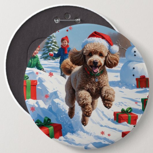 Poodle Rent in de Sneeuw met Kerstmuts Ronde Button 6,0 Cm (Voorkant /achterkant)