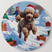 Poodle Rent in de Sneeuw met Kerstmuts Ronde Button 6,0 Cm (Voorkant)