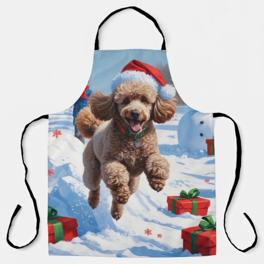 Poodle Rent in de Sneeuw met Kerstmuts Schort (Voorkant)