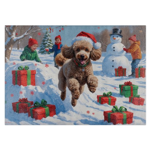 Poodle Rent in de Sneeuw met Kerstmuts Snijplank (Voorkant)