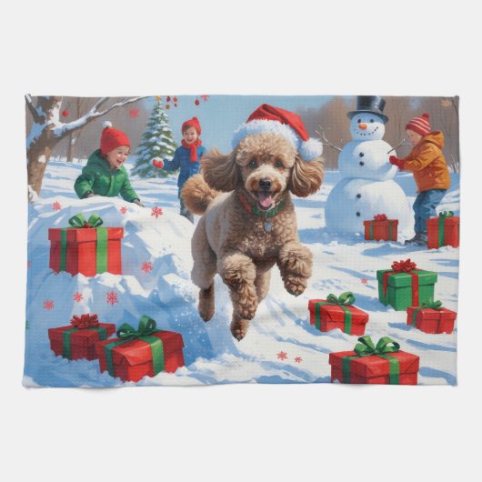 Poodle Rent in de Sneeuw met Kerstmuts Theedoek (Horizontaal)