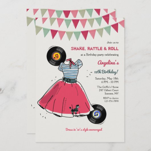 Poodle Rok Hop Party Kaart (Voorkant / Achterkant)