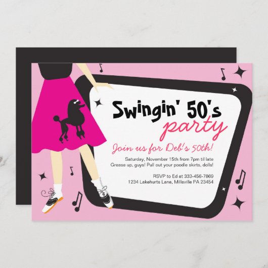 Poodle Skirt 1950: uitnodiging van de partij (Voorkant / Achterkant)