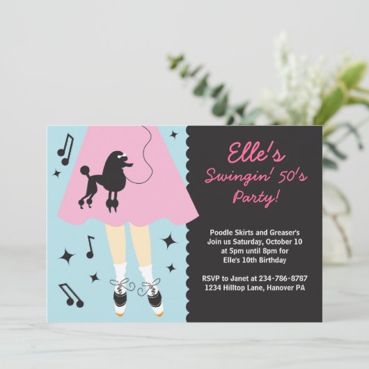 Poodle Skirt 1950: uitnodiging van de partij (Staand voorkant)