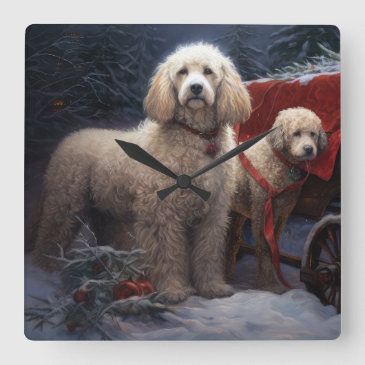 Poodle Sneeuw Slede Kerst Decoratie Vierkante Klok (Voorkant)