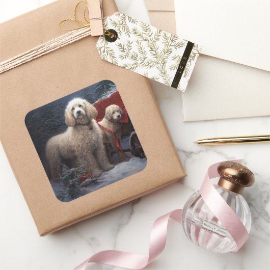 Poodle Sneeuw Slede Kerst Decoratie Vierkante Sticker (Geschenken)
