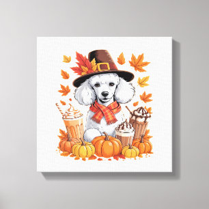 Poodle Thanksgiving Drinkt Koffie Herfst Bladeren Canvas Afdruk
