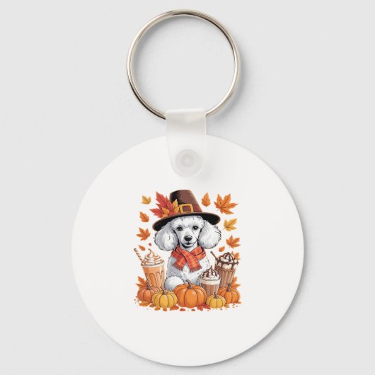 Poodle Thanksgiving Drinkt Koffie Herfst Bladeren Sleutelhanger (Voorkant)