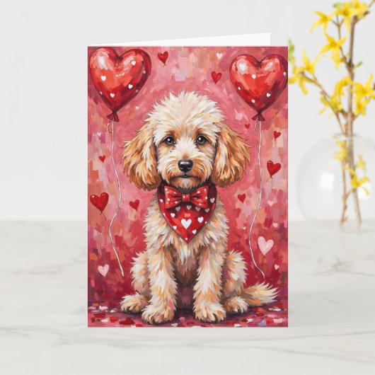 Poodle Valentine’s Day Dog with Hearts Red Kaart (Gele Bloem)