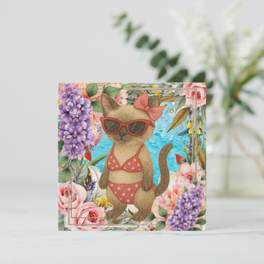 Pool Birthday Party for Cat Lovers  Bedankkaart (Staand voorkant)