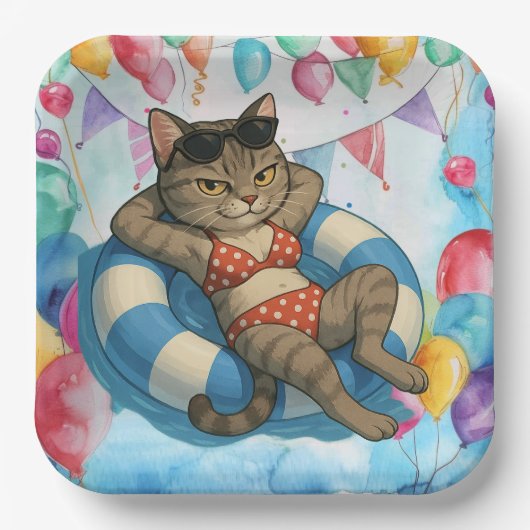 Pool Birthday Party for Cat Lovers Papieren Bordje (Voorkant)