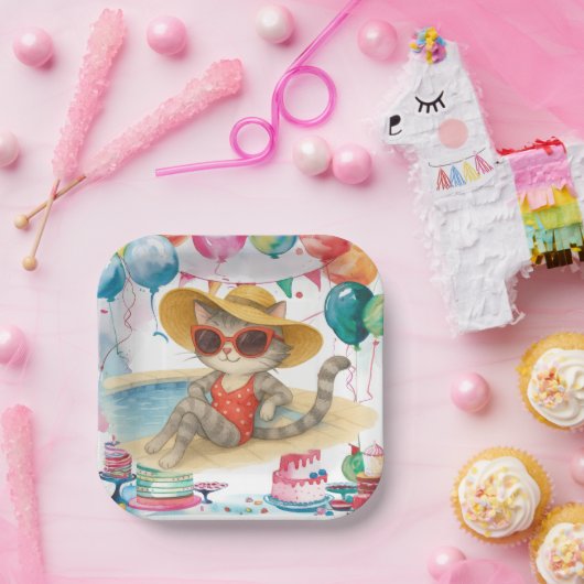 Pool Birthday Party for Cat Lovers  Papieren Bordje (Feest)