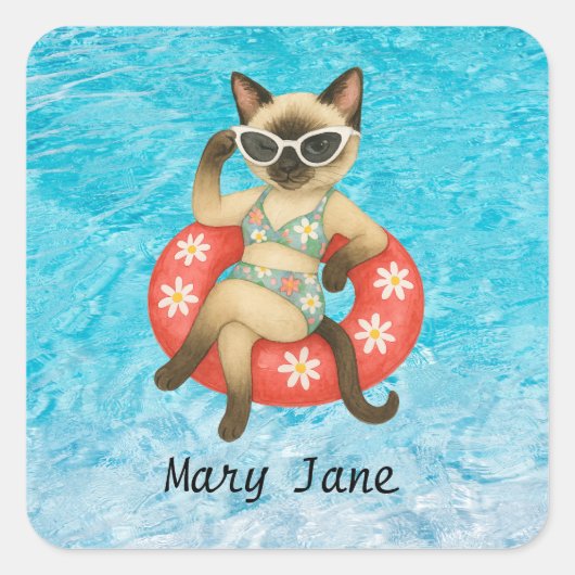 Pool Birthday Party for Cat Lovers with name Vierkante Sticker (Voorkant)