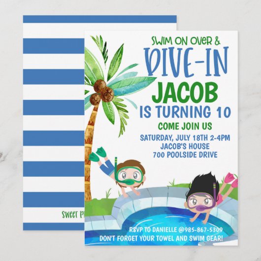 Pool Birthday Party Invitation Kaart (Voorkant / Achterkant)