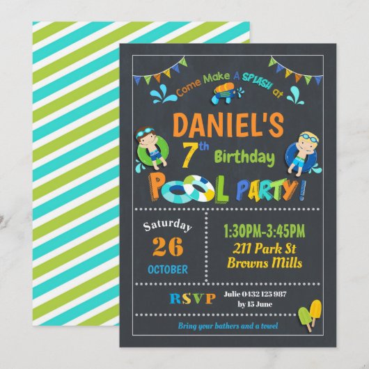Pool Birthday Party Invitations Boys Kaart (Voorkant / Achterkant)