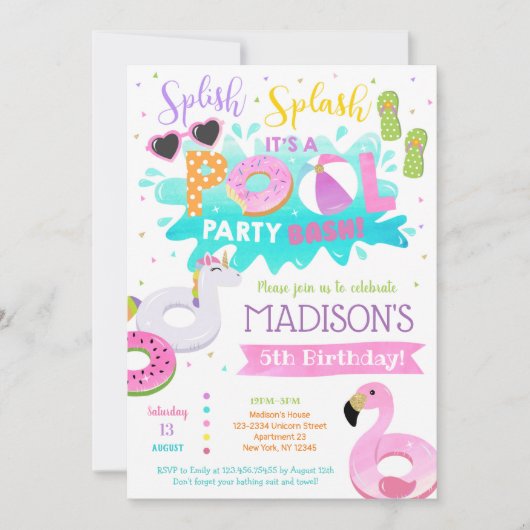 Pool Birthday Party Invitations for girl Kaart (Voorkant)