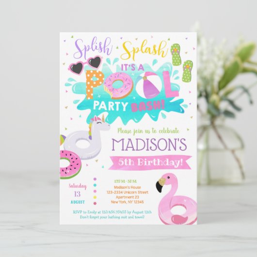 Pool Birthday Party Invitations for girl Kaart (Staand voorkant)