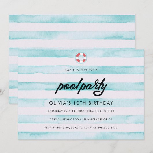 Pool Birthday Party Kaart (Voorkant / Achterkant)
