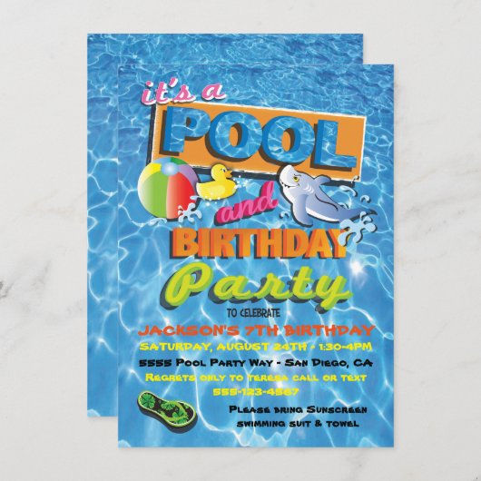 Pool Birthday Party-uitnodigingen met poolspeelgoe Kaart (Voorkant / Achterkant)