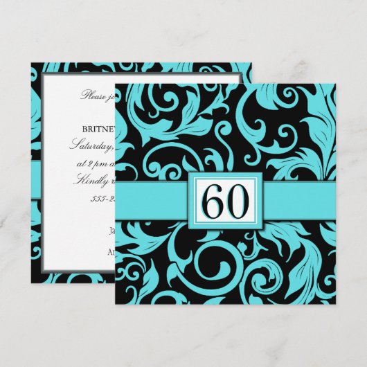 Pool Blue en Black 60th Birthday Party-uitnodiging Kaart (Voorkant / Achterkant)