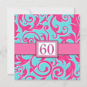 Pool Blue & Pink 60th Birthday Party Invitations Kaart