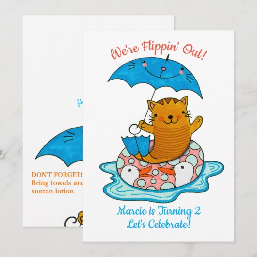 Pool Cat Birthday Invitation for Child (Voorkant / Achterkant)
