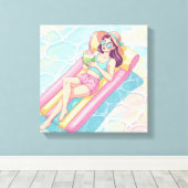 Pool Day Relaxing Girl Canvas Afdruk (Insitu (Houten vloer))