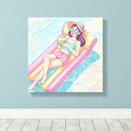 Pool Day Relaxing Girl Canvas Afdruk (Insitu (Houten vloer))