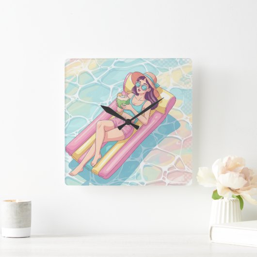 Pool Day Relaxing Girl Vierkante Klok (Huis)