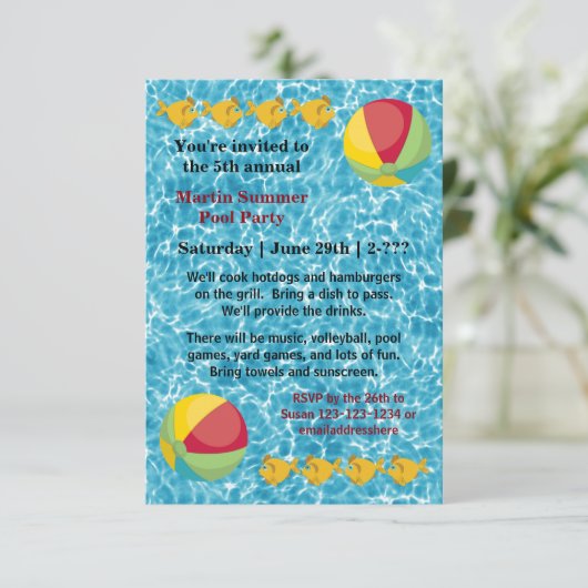 Pool Fish Ball - 3x5 Pool Party Invitation Kaart (Staand voorkant)