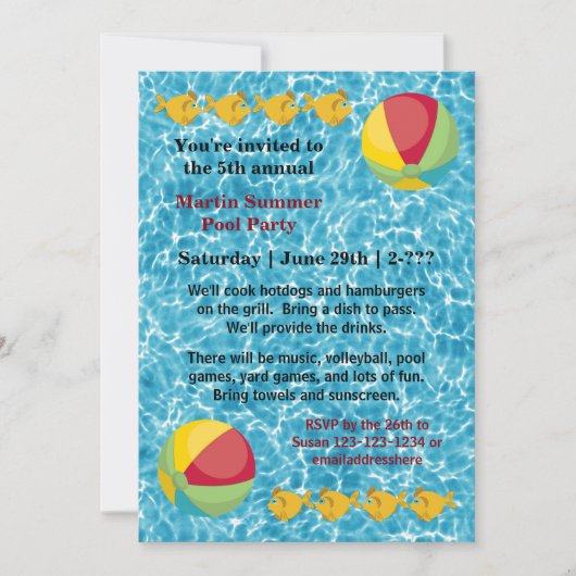 Pool Fish Ball - Pool Party Invitation Kaart (Voorkant)