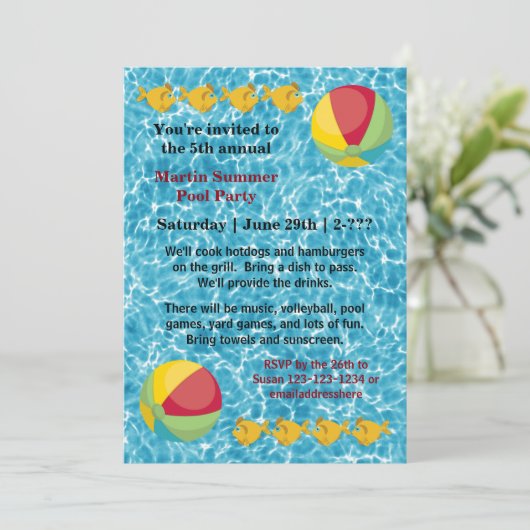 Pool Fish Ball - Pool Party Invitation Kaart (Staand voorkant)