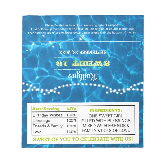 Pool Lights Limoen Birthday Favor Snoep Wrappers Notitieblok (Voorkant)