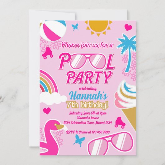 Pool Party 7e Verjaardag Meisje Malibu Doll zomer Kaart (Voorkant)