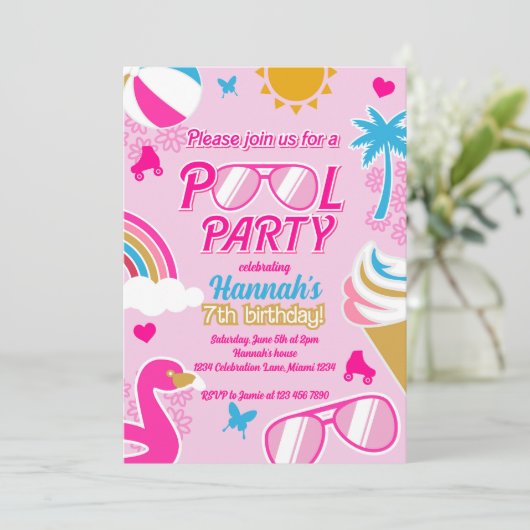 Pool Party 7e Verjaardag Meisje Malibu Doll zomer Kaart (Staand voorkant)