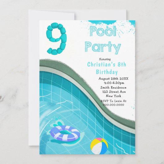 Pool Party 9th Birthday Party Invitations (Voorkant)